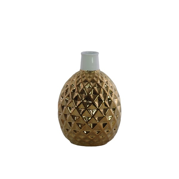 Ceramic Vase With Engraved Double Diamond Pattern, Gold And White