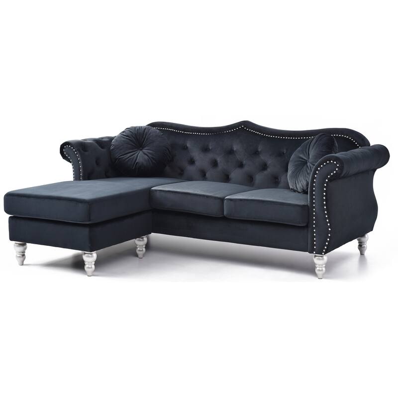 Hollywood 81 in. Velvet Chesterfield Sectional Sofa with 2-Throw Pillow - 81"L x 35"W x 34"H