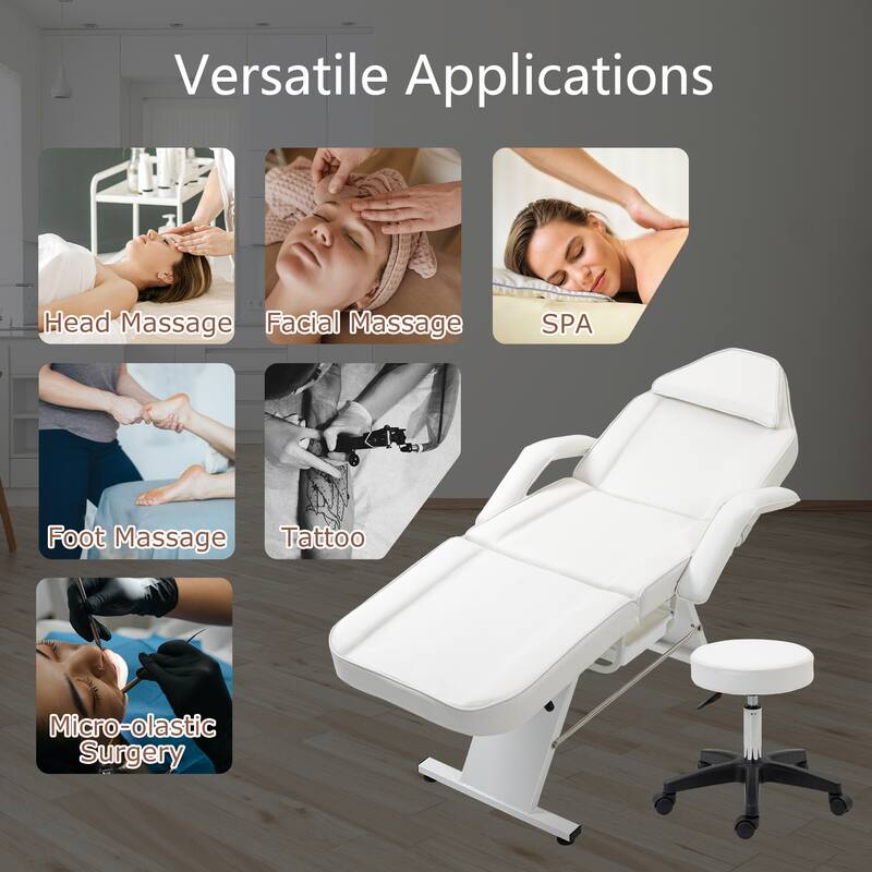 Massage Salon Tattoo Chair - 3-Section Adjustable Facial Bed with Two Trays & Hydraulic Stool, Multi-Purpose Spa Equipment