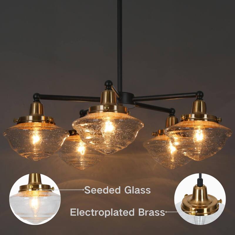 Mid-Century Modern 3/5-Light Black Gold Wheel Chandelier Seeded Glass Pendant Light for Dining Room