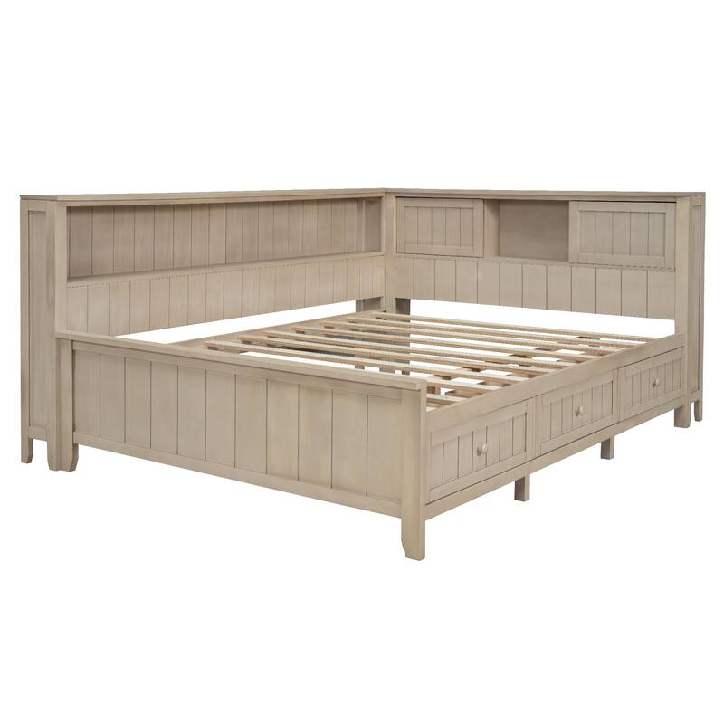 Full Size Antique White Wood Daybed with Storage Shelves and 3 Drawer