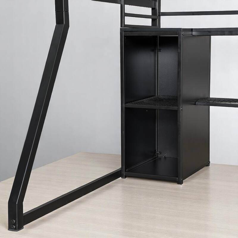 Full Size Metal Loft Bed with Desk, LED Lights, Charging Station, Open Wardrobe & Storage Shelves, Gaming Workstation Loft Frame