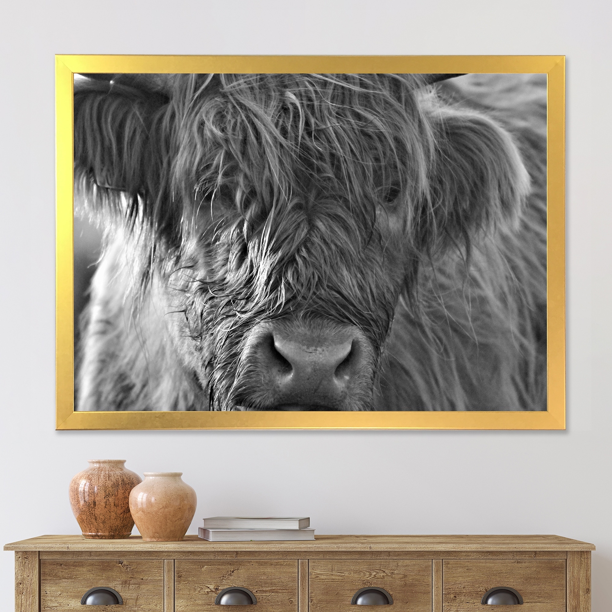 Designart Scottish Highland Cows Living on Moorland Farmhouse Framed Art Print - 40 In. Wide x 30 In. High - White