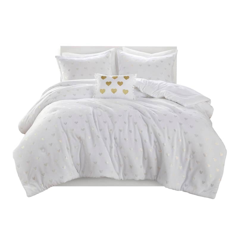 3 PCS Twin/Twin XL Metallic Printed Plush Comforter Set with Throw Pillow White/Gold