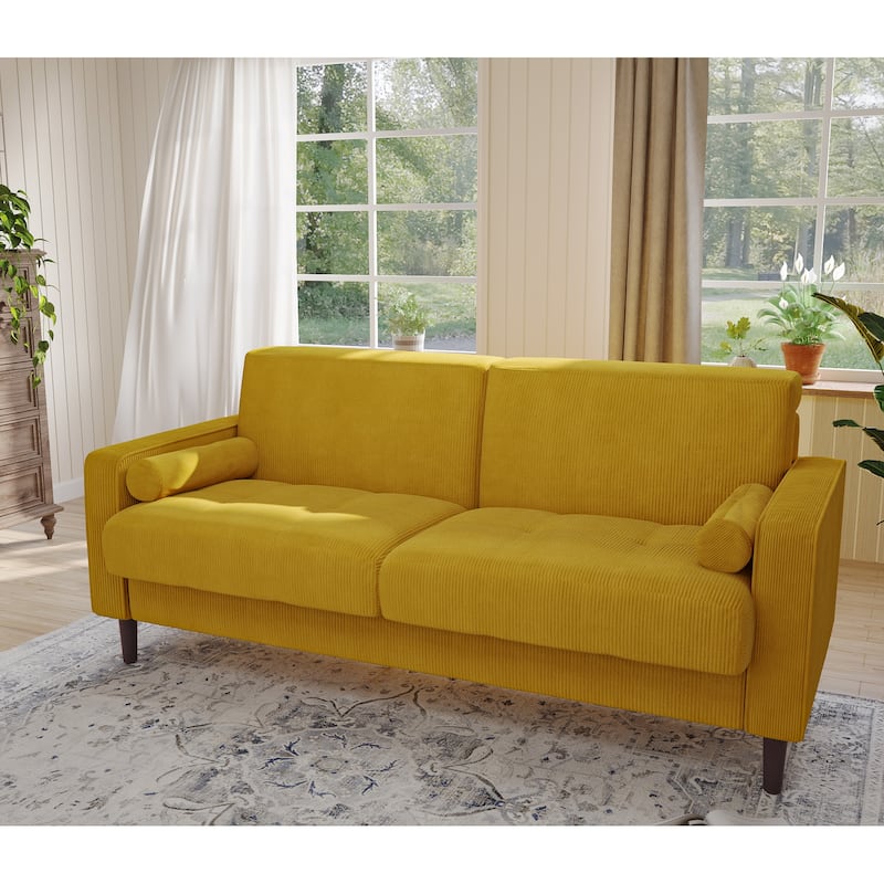 Modern Corduroy 2 Seater Sofa with Bolster Pillows - Yellow