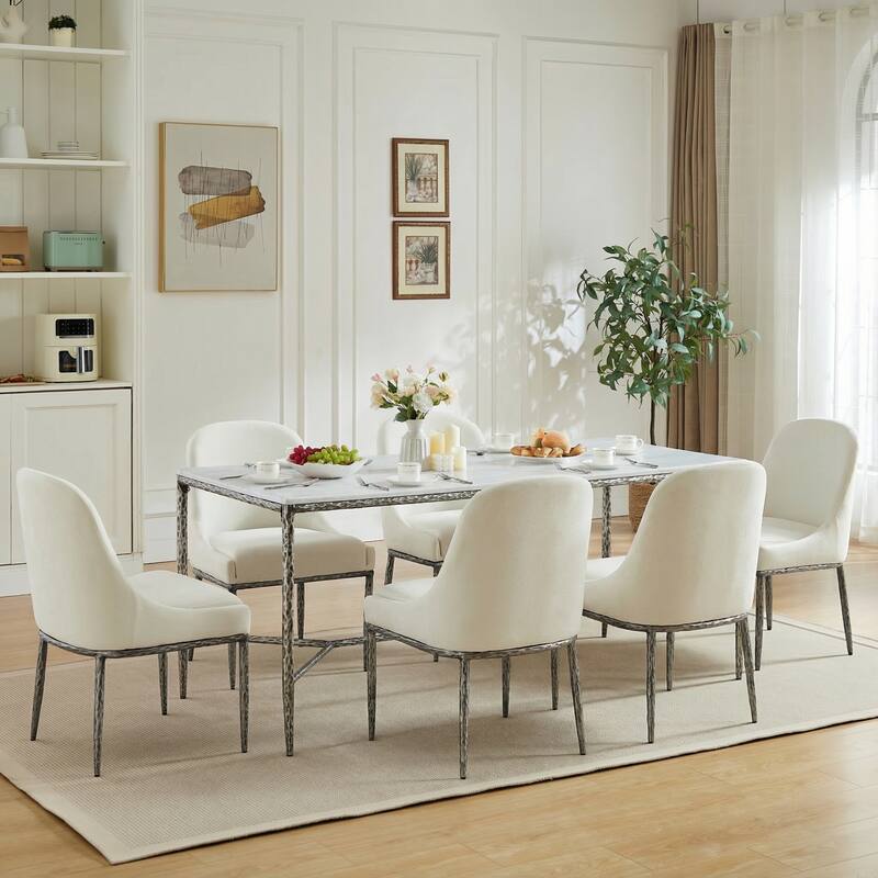 Christopher Knight Home - 7-Piece Industrial Metal Top Dining Set with Upholstered Chairs - ArmlessChair - ForgedPewter