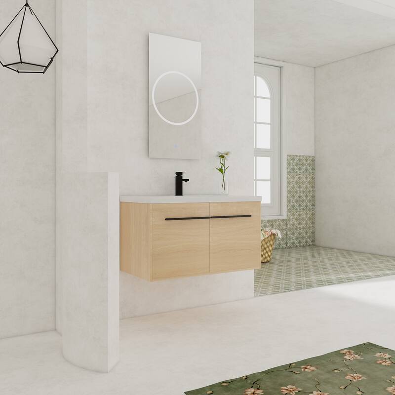 GDFStudio - Levistar Modern Wall-Mounted Bathroom Vanity Set with Scratch-Resistant Resin Sink & Soft Close Doors