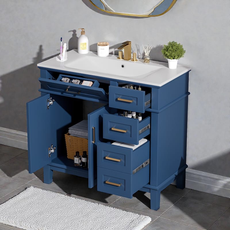 36 Inch Modern Bathroom Vanity with Ceramic Sink, Freestanding Cabinet with Soft Close Doors and 4 Drawers