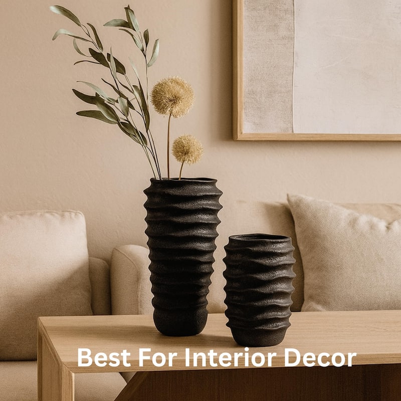 Aria Home Black Ceramic Vase Set of 2 with Large Cylindrical Design