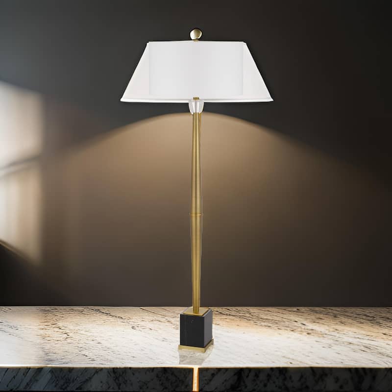 62 Inch Floor Lamp with White Drum Shade, Marble Base, Crystal, Brass