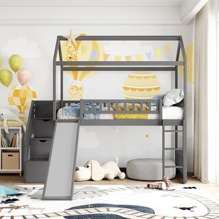 Twin Size High Loft Bed with Ladder and Slide, Solid Wood Playhouse Loftbed Bedframe with Storage Staircase, for Kids Teens