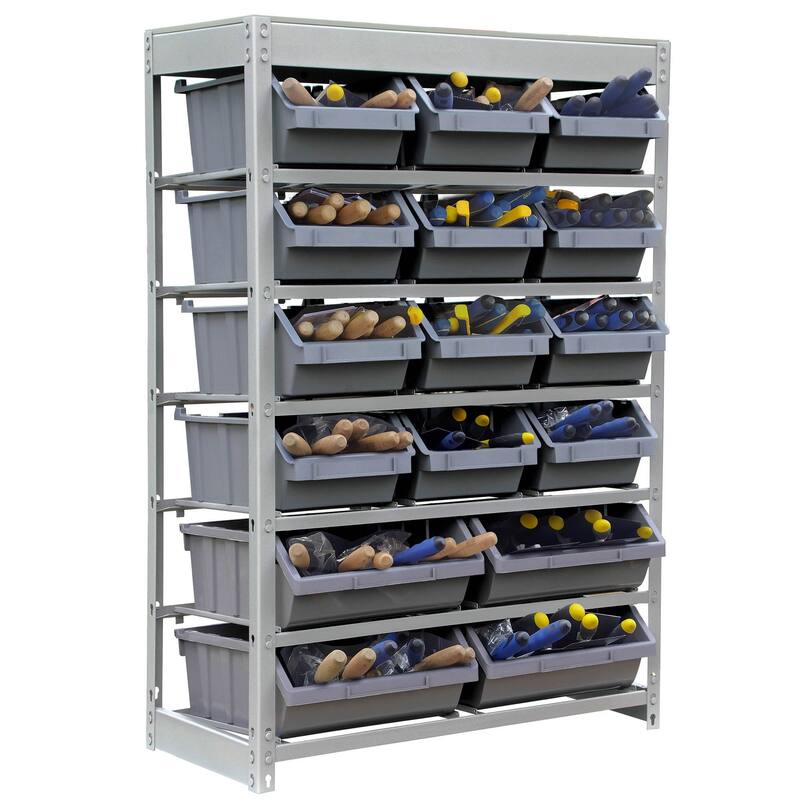 King's Rack Bin Rack Storage System Heavy Duty Steel Rack Organizer Shelving Unit w/ 16 Plastic Bins in 6 tiers.