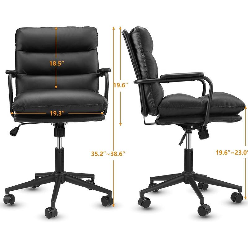 Black Mid Back Leather Office Chair with Arms and Wheels for Home Office