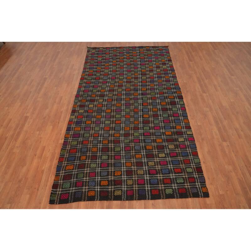 Hand Woven Oriental 100% Wool Carpet Southwestern All-Over Black Kilim Area Rug - 11' 1'' X 5' 9''