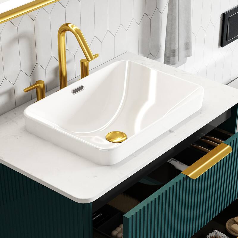GDFStudio - Modern Sleek Rounded Edges Integrated Ceramic Basin with Glossy Finish, Stain-Resistant Surface, Drain Not Included