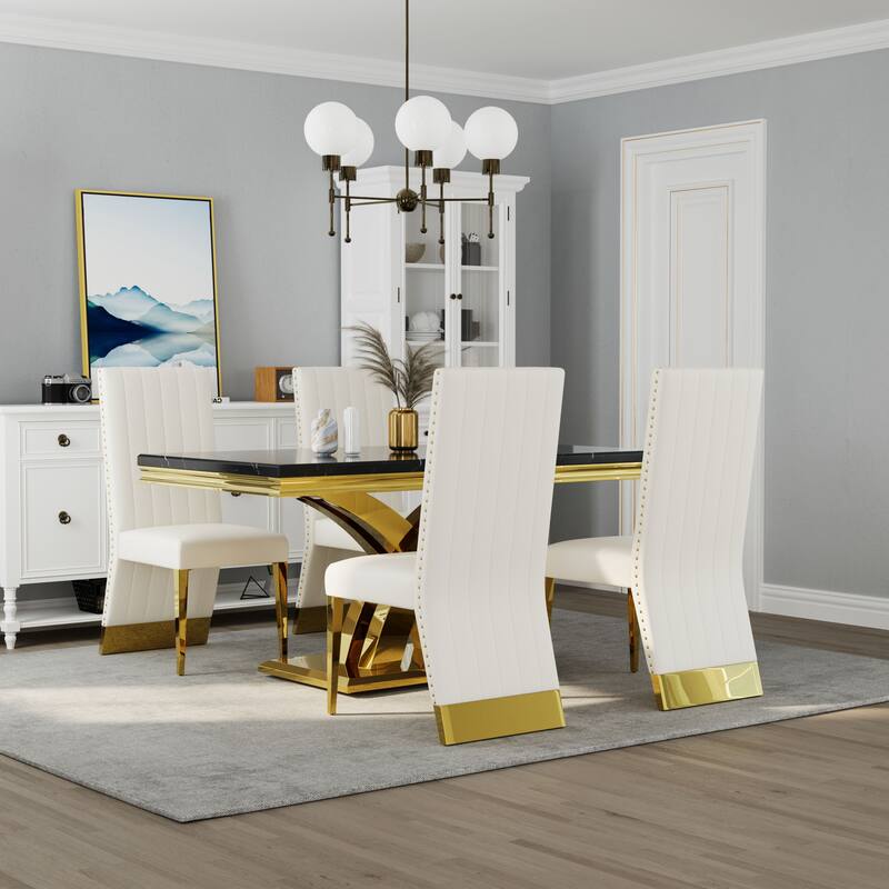 Stylish Modern X Cross Base Dining Room Table Set with Gold Dining Chairs