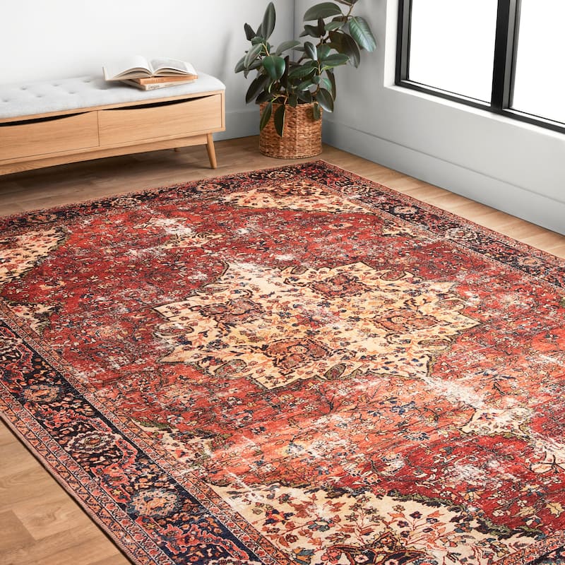 Alexander Home Tremezzina Printed Distressed Medallion Area Rug - 3'6" x 5'6" - Red/Navy