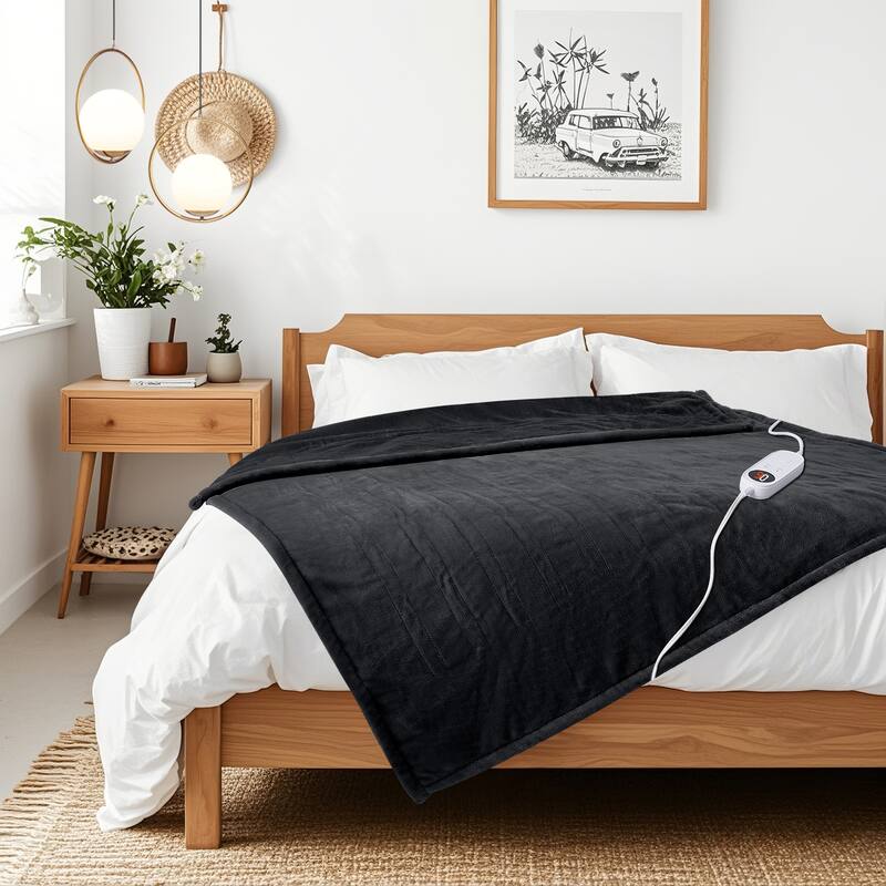 Reversible Flannel Electric Blanket, Heated Throw, Temperature and Timing Functions of a Controller