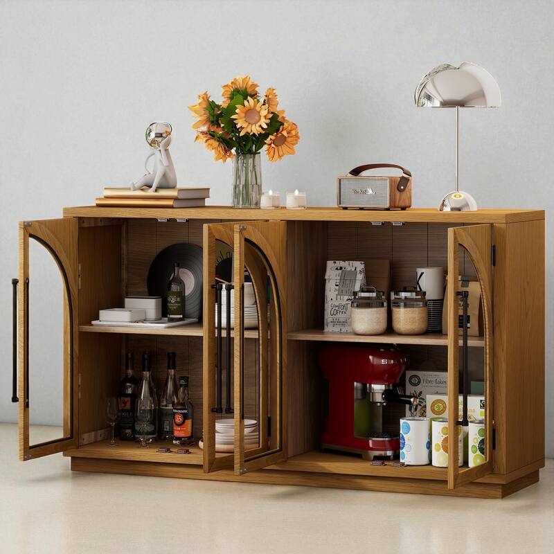 60 Inch Retro 4-Door Sideboard Buffet Cabinet with Glass Doors, Adjustable Shelves & Arched Design for Storage