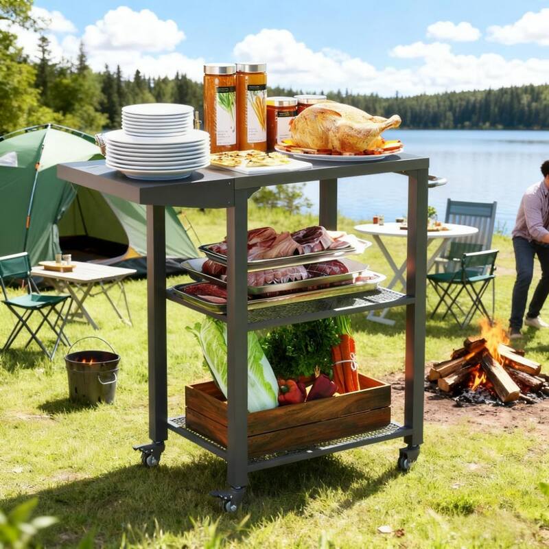 GDFStudio Outdoor Aleron Stainless Steel Three-Shelf Outdoor Grill Cart Table with Hooks - Black and Silver