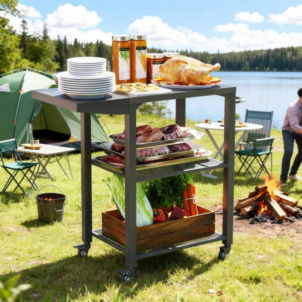 GDFStudio Outdoor Aleron Stainless Steel Three-Shelf Outdoor Grill Cart Table with Hooks