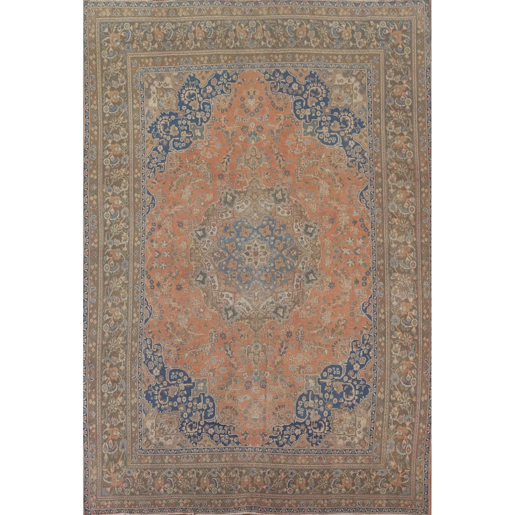 Distressed Mashad Persian Vintage Area Rug Hand-knotted Wool Carpet - 9'7" x 12'6"