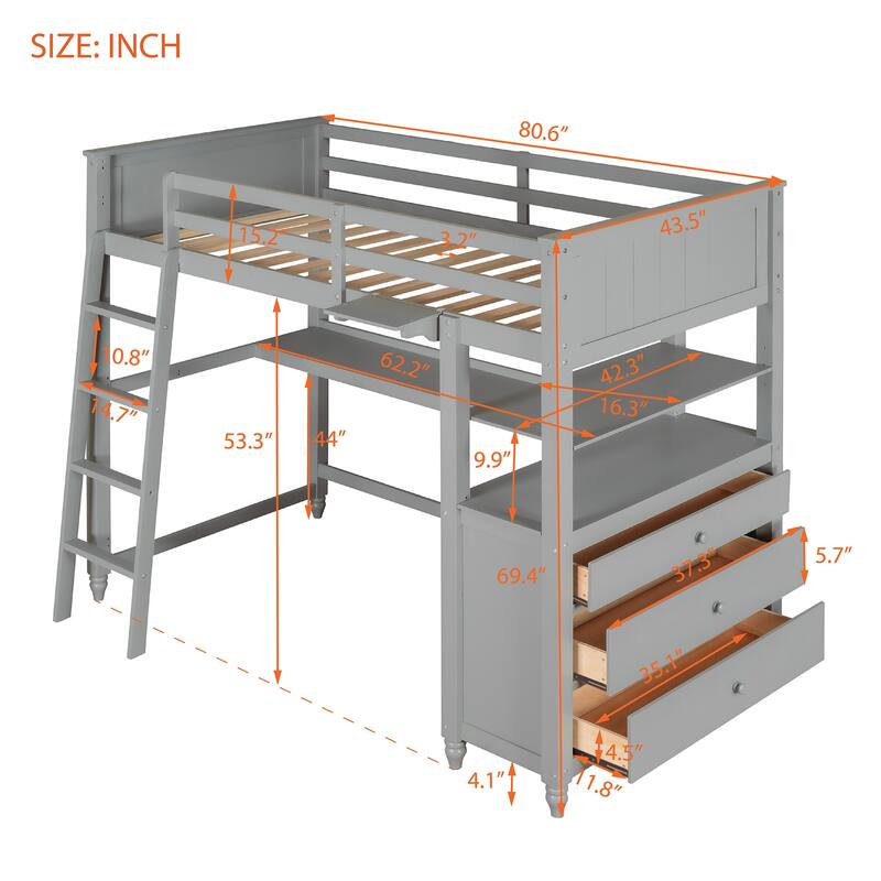 Space-Saving Twin Size Loft Bed with Built-In Desk, Storage Drawers, and Shelves - Ideal for Kids, Durable Pine Wood Frame