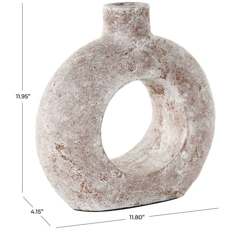 Cream Ceramic Antique Style Textured Circle Donut Decorative Vase