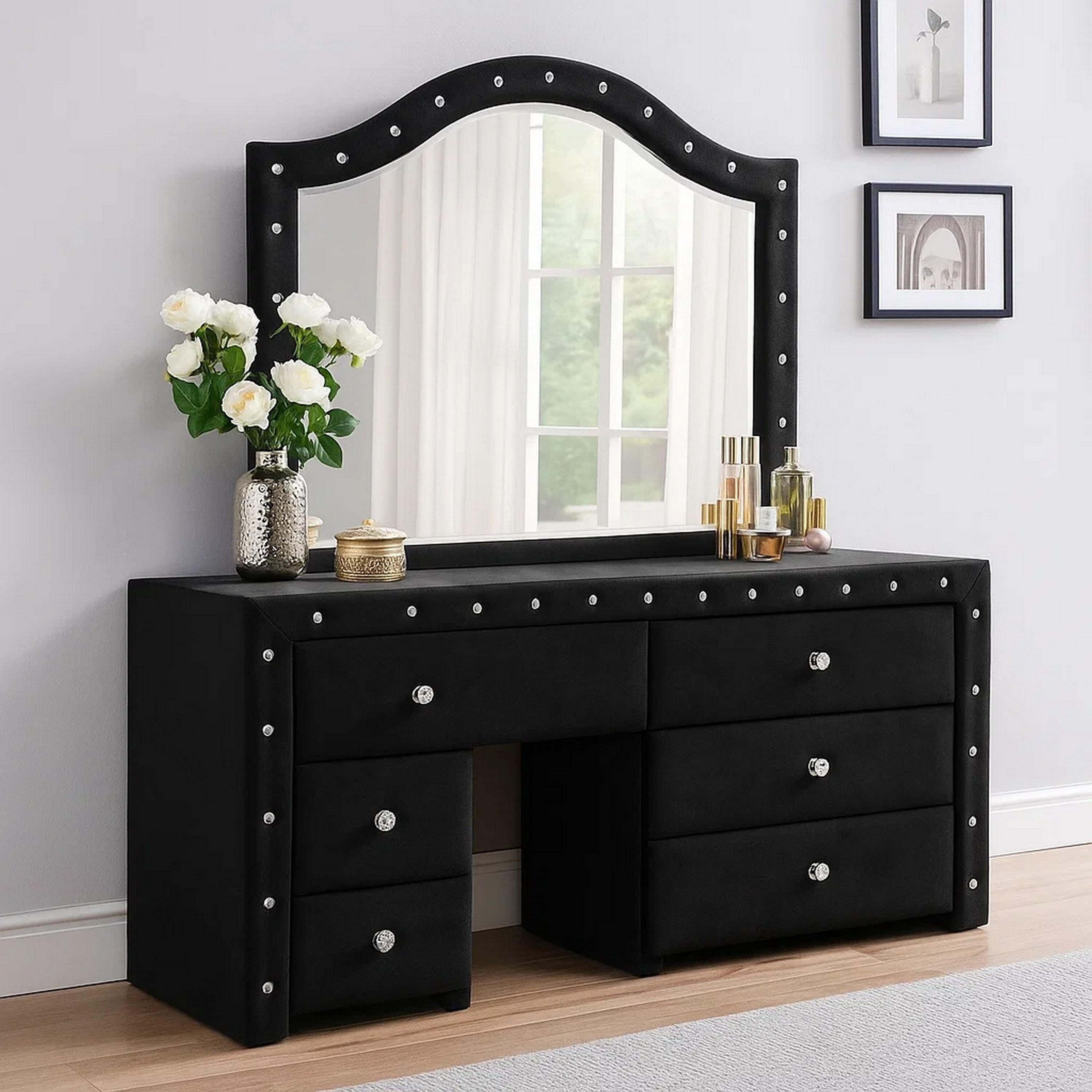black mirror for dresser Rea Vanity reveals warm cherry undertones