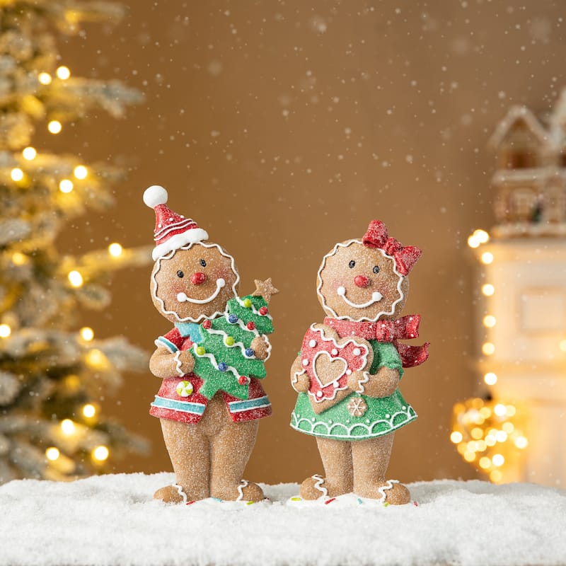 Glitzhome Resin Christmas Gingerbread Figurines Xmas Table Decor for Party Mantel Shelf Sitter