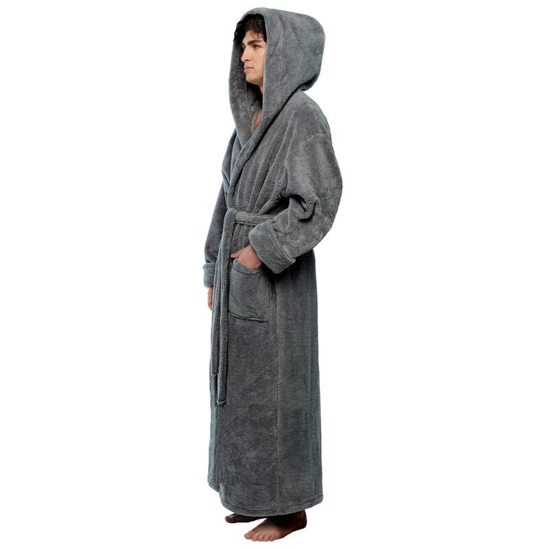 Men's Hooded Soft Plush Fleece Bathrobe Full Length Robe