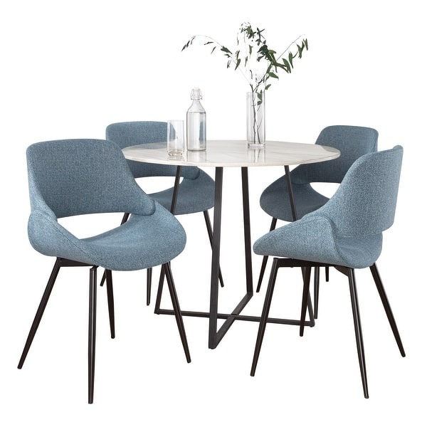 slide 2 of 7, Porch & Den Pugo-Svellingen 5-Piece Dining Set Black Metal, White Marble, Blue Fabric