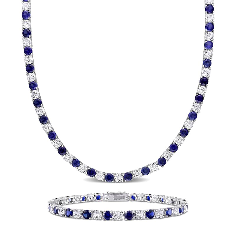 Miadora 47 1/4ct TGW Created Blue and White Sapphire Tennis Bracelet and Necklace Set Sterling Silver