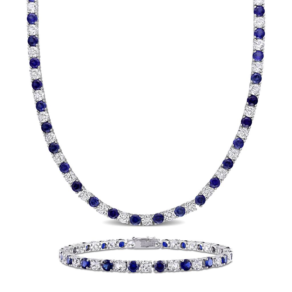 Miadora 47 1/4ct TGW Created Blue and White Sapphire Tennis Bracelet and Necklace Set Sterling Silver