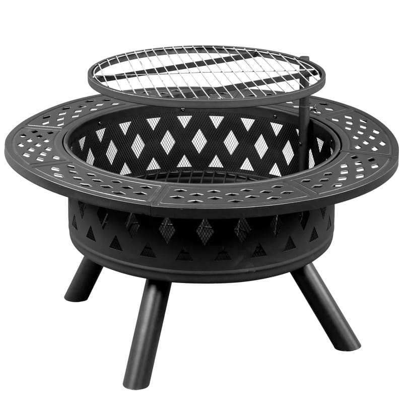 38"W x 25"H Round Iron Wood Burning Black Fire Pit Table with 20" Fire Poker - 38" W