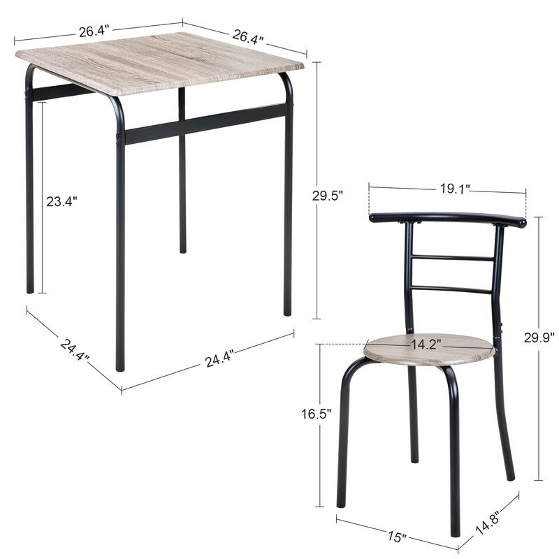 VECELO 3-Piece Compact Dining Set Space Saving 26.4" Square Table & Nesting Chairs Black Curved Frame & Round Back Chairs