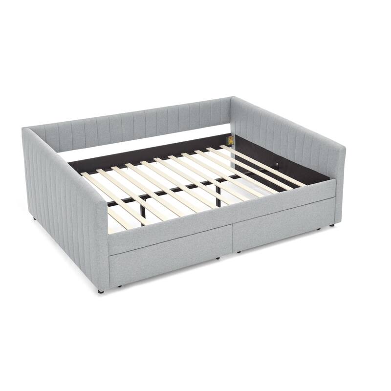 Queen Size Daybed with Two Drawers Trundle Upholstered Sofa Bed, with Vertical Stripes Linen Fabric, Grey (86.5"x65"x30")