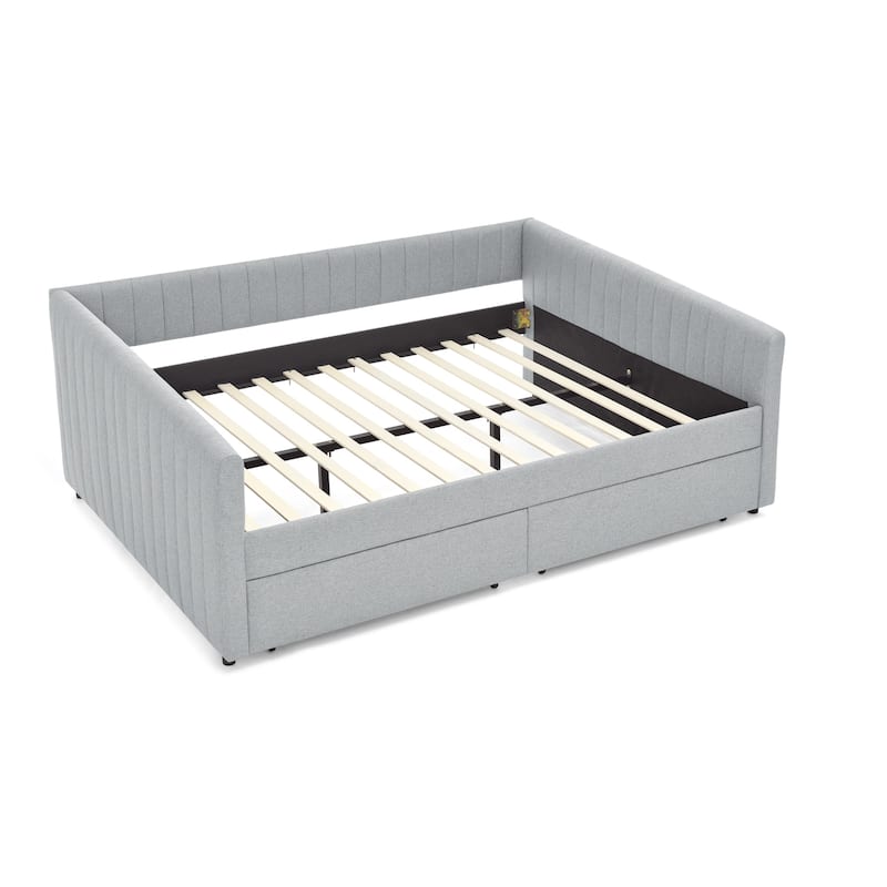 Roomfitters Queen Upholstered Daybed with Trundle and Storage Drawers, Vertical Striped Linen Sofa Bed