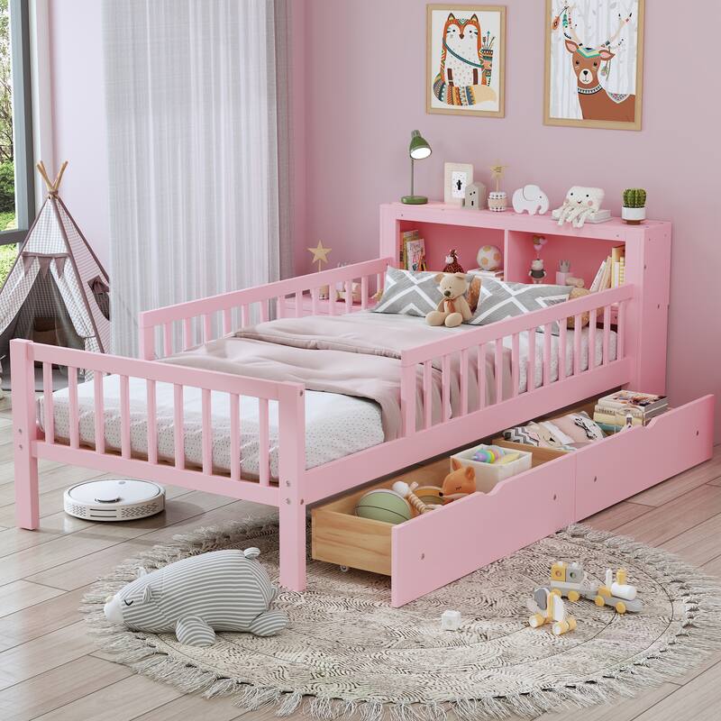 Twin Size Bed with Headboard Storage Rack, Two Under-Bed Drawers, Three-Side Guardrails for Safety and Security,Pink