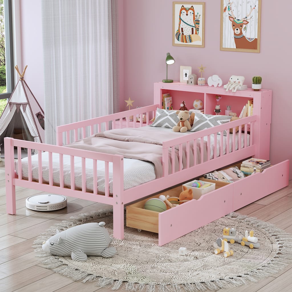 Twin Size Bed with Headboard Storage Rack, Two Under-Bed Drawers, Three-Side Guardrails for Safety and Security,Pink