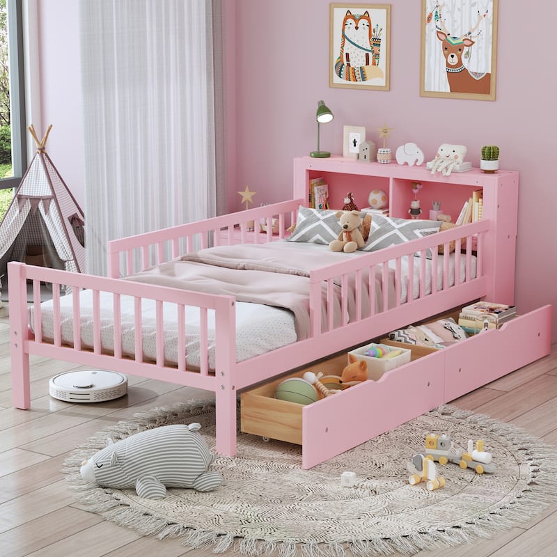 Twin Size Platform Bed with Built-In Headboard Shelves, Safety Guardrails & 2 Storage Drawers, Space-Saving Wood Frame - Pink