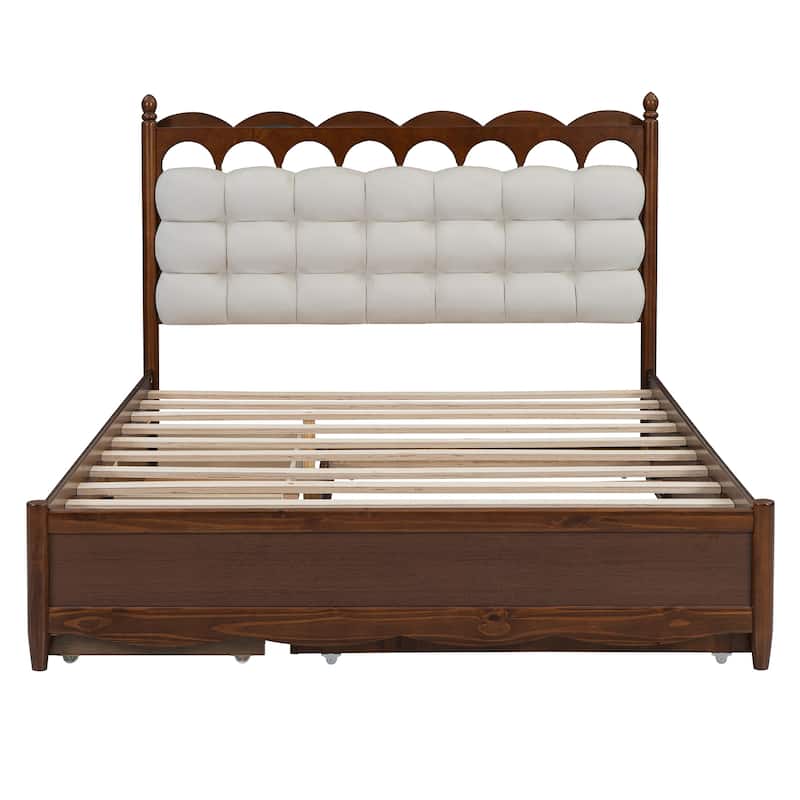 Queen Size Wooden Platform Bed with Sockets and USB Ports, Solid Pine Wood Storage Bed Frame with 2 Drawers and Twin XL Trundle
