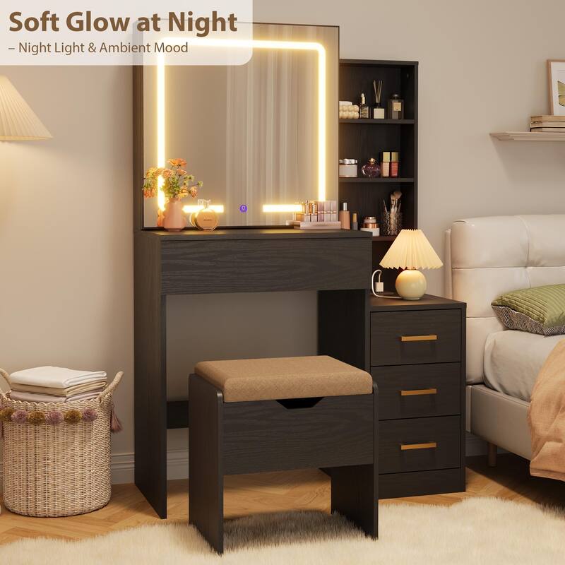 Modern Makeup Vanity with Sliding Mirror, 4 Drawers & 7 Shelves, 3 Light Colors, Charging Port & Stool Set