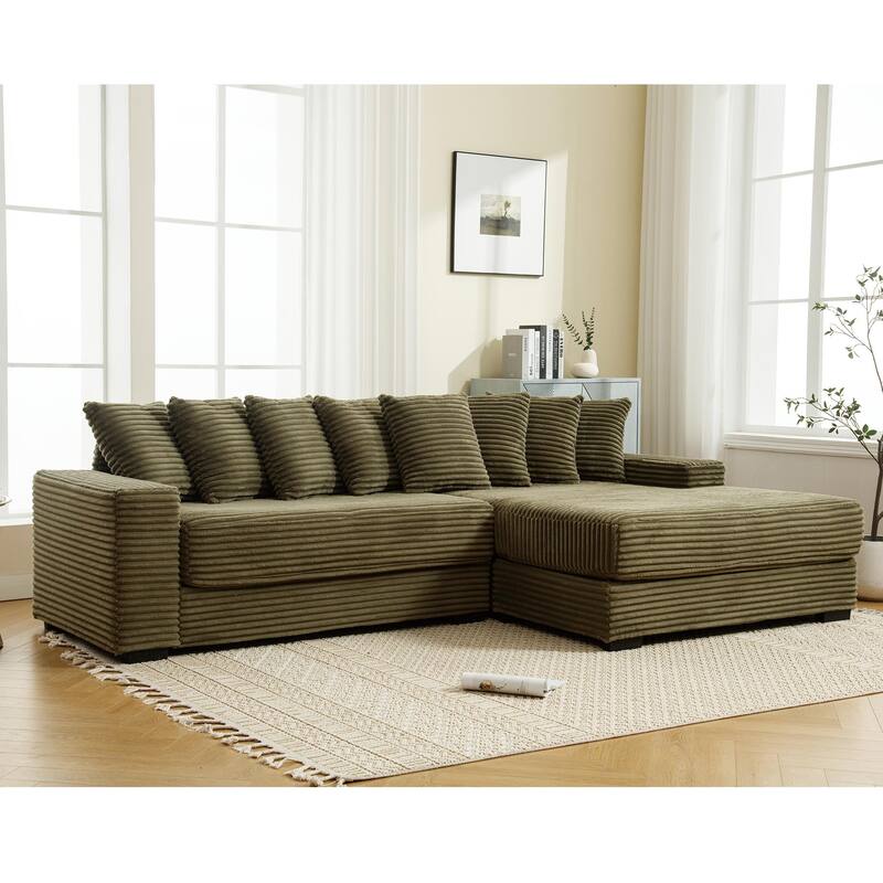 Oversized Two-Piece L Shaped Corduroy Sofa with Right Chaise Daybed, Eight Throw Pillows, Green - Multi-Color