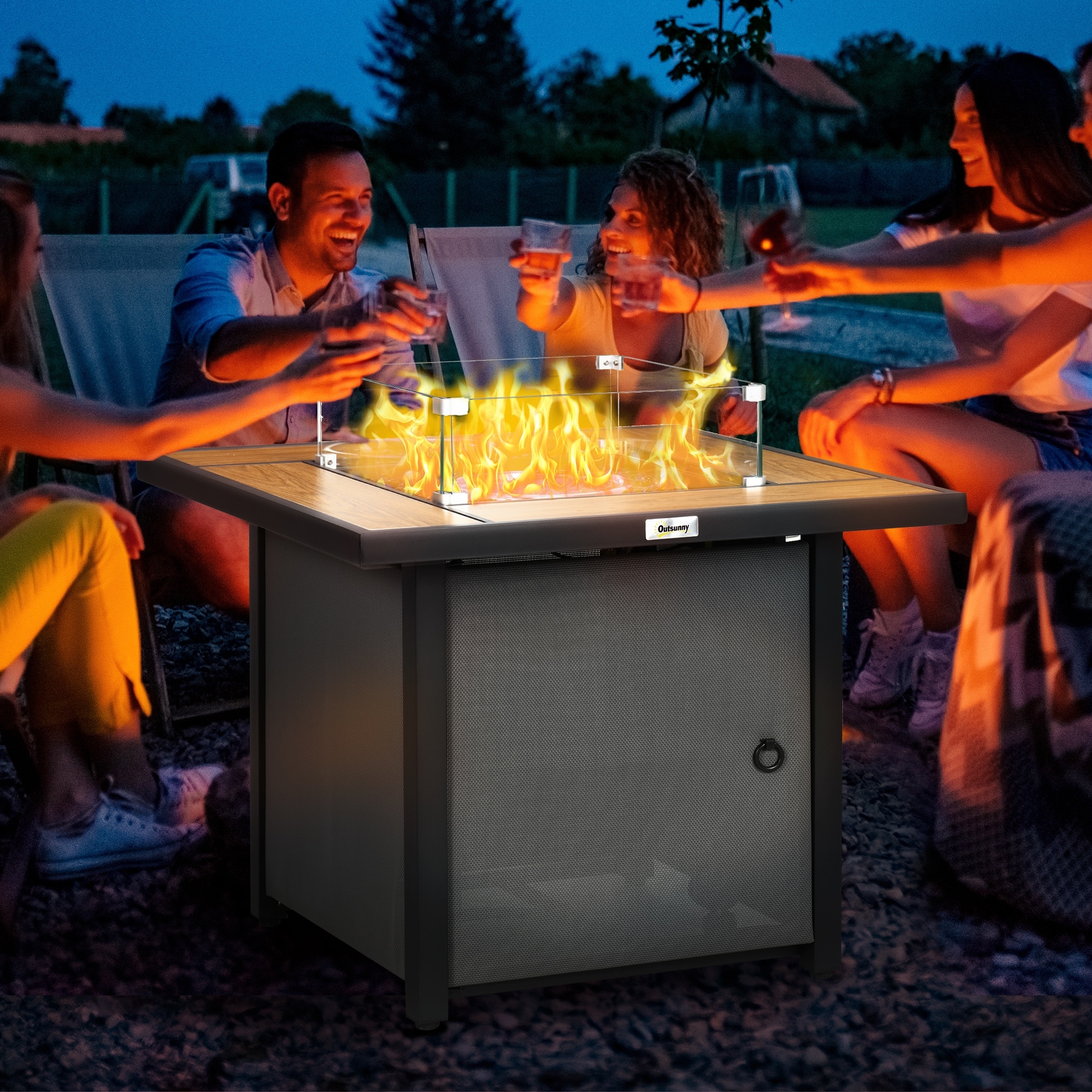 Outsunny Gas Fire Pit Table with Lid, 31.5 inch Outdoor Firepit, 50,000 BTU Fire Table with Pulse Ignition, Glass Rocks
