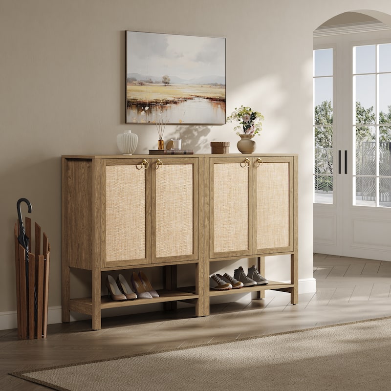 Rattan - Doors Shoes Cabinet with Adjustable Interior