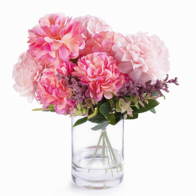 Enova Home 7 Heads Pink Mixed Artificial Silk Dahlia Fake Flowers Arrangement in Glass Vase with Faux Water for Home Decor - N/A - Pink