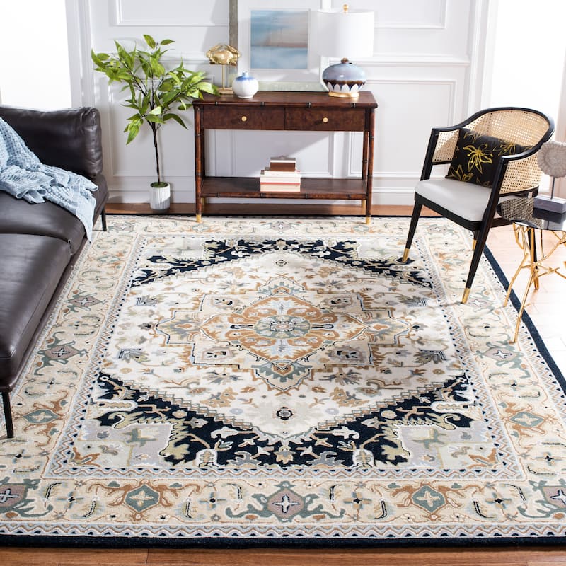 SAFAVIEH Handmade Heritage Asia Traditional Oriental Wool Rug - 9' x 12' - Beige/Navy