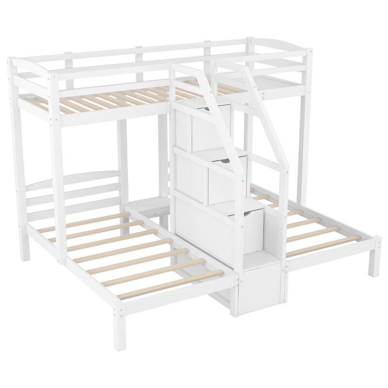 Roomfitters Twin Over Twin and Twin Triple Bunk Bed with Storage Staircase and Drawer, White