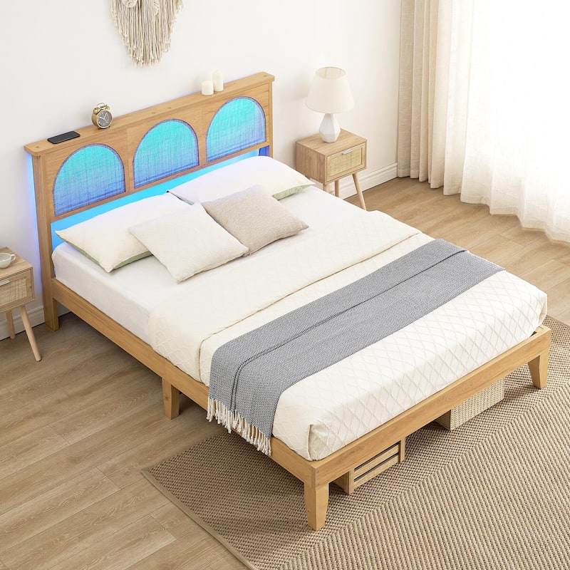 Wooden Bed Frame with Natural Rattan Headboard - Rattan - Full